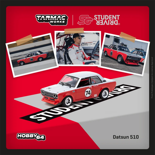 Tarmac Works 1:64 Datsun 510 Trans-Am B-Sedan 2.5 Challenge 2023 Daniel Wu White Red#74 Diecast Model Car